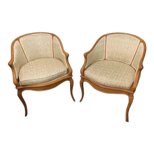 Mid 20th Century Pair Provincial Style Fruitwood Barrel Back Upholstered Armchairs