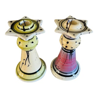 Modern Abstract Glazed Studio Pottery Candlesticks by Donna Toohey For Sale