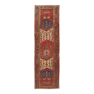 Antique Heriz Northwest Persian Runner, Handmade Rug Navy Blue, Red, Ivory For Sale