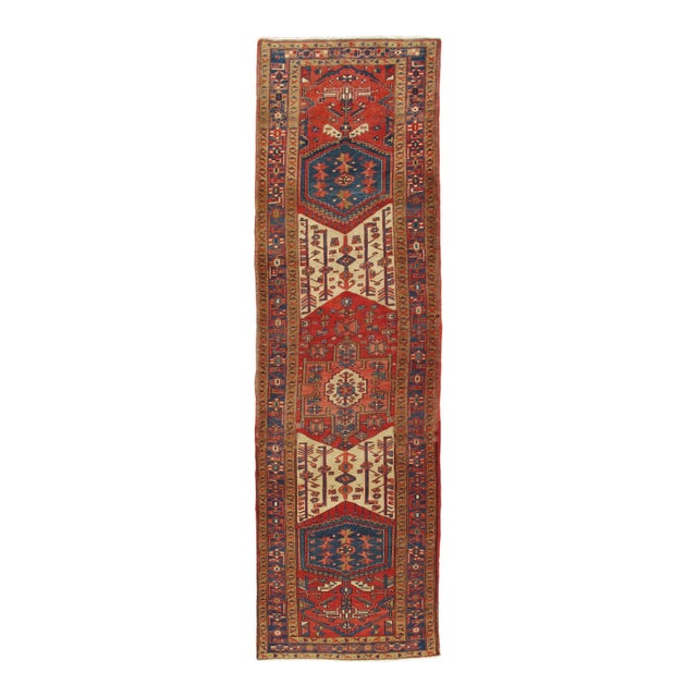 Antique Heriz Northwest Persian Runner, Handmade Rug Navy Blue, Red, Ivory For Sale