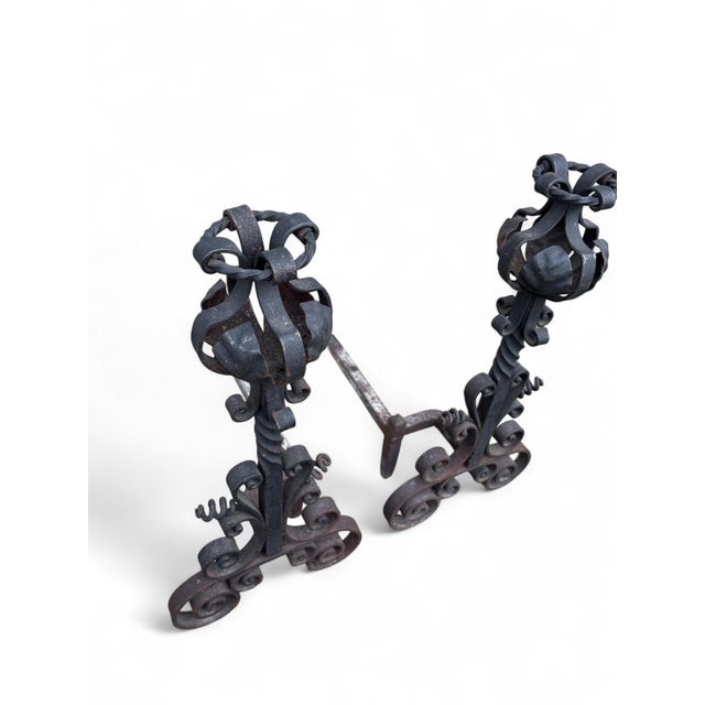 Late 19th Century Arts & Crafts Wrought Iron Pair Andirons Basket Top, Scrollwork, Spiral and Twisted Accents For Sale - Image 11 of 18
