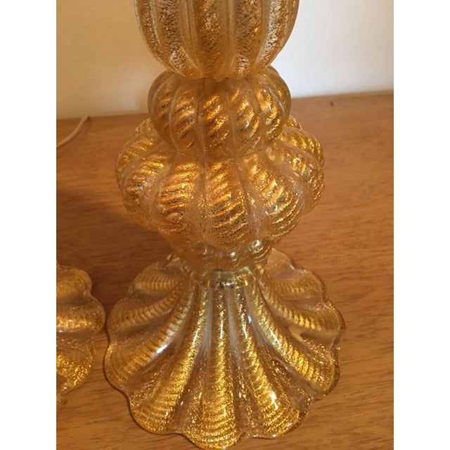 Exceptional Vibrant Gold Infused Murano Glass Pair of Puffed and Ribbed Design Lamps Blown By Master Italian Glass Blower...