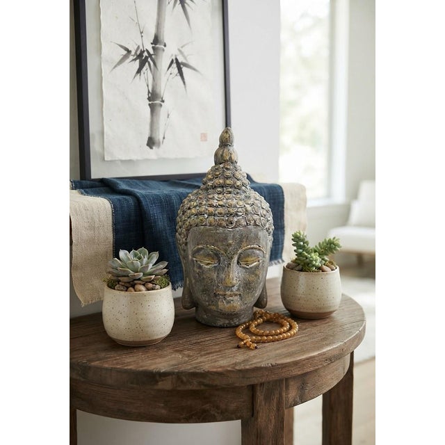 Figurative Mid-20th Century Asian Art Cast Concrete Like Buddha Head Tabletop Statue With Wabi-Sabi Patina For Sale - Image 3 of 8