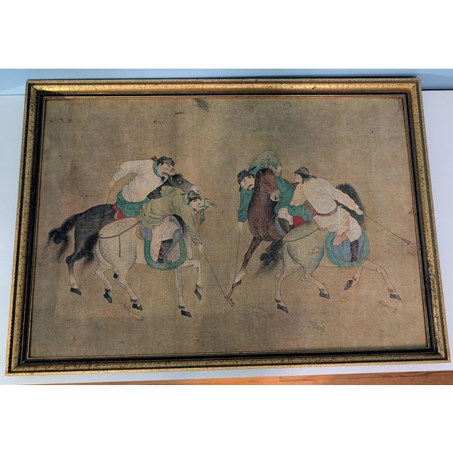 This artwork depicts a game of traditional Chinese polo (Jīqú 击鞠 or Dǎqiú 打球), a historic equestrian sport that reached...