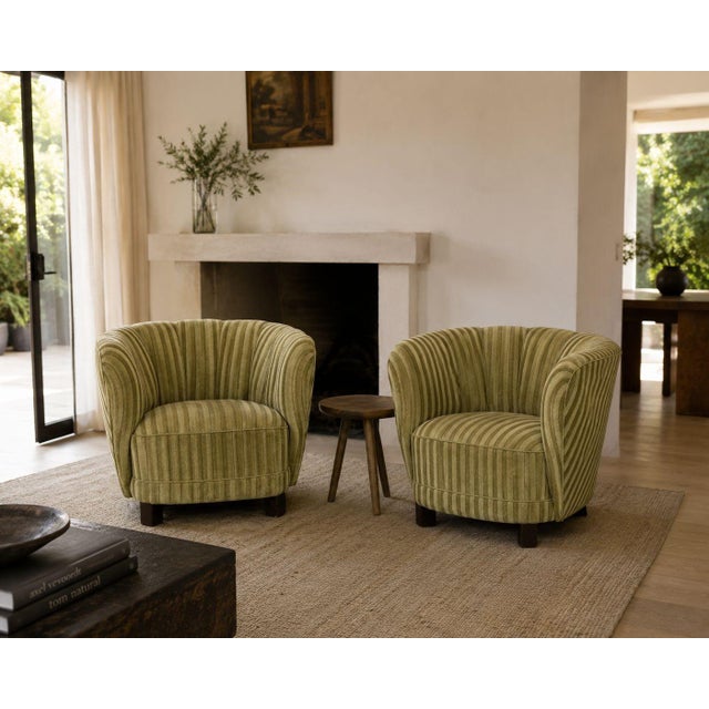 Viggo Boesen Style, Danish Cabinetmaker, Banana Lounge Chairs, Beech, Velour, Denmark, 1940s Pair of banana form chairs...
