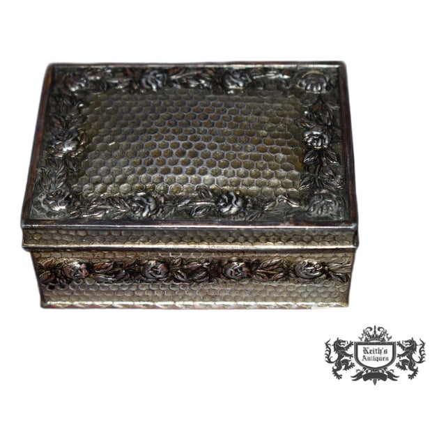 Vintage Silver Plate Trinket Jewelry Box Ornate Rose Floral Honeycomb Casket For Sale