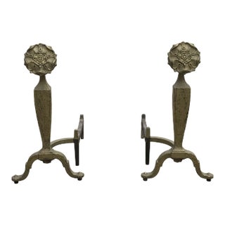 Antique Iron Flower Andirons by Howes - a Pair For Sale