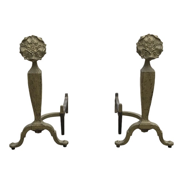Antique Iron Flower Andirons by Howes - a Pair For Sale