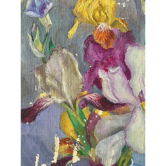 Early 20th Century Oil Painting Colorful Still Life of Irises in a Blue Vase For Sale - Image 11 of 15