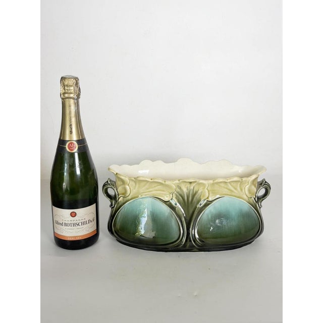 Art Nouveau Majolica Cachepot with Green and Blue Floral Decorations, France For Sale - Image 3 of 18