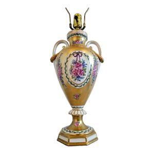 Carl Thieme German Dresden Porcelain Amphora Urn Table Lamp in Hand Painted Floral Partial Gilt Gold Decoration