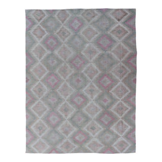 Vintage Turkish Kilim Rug With Geometric Diamond Design in Green and Pink 8 X 11 For Sale