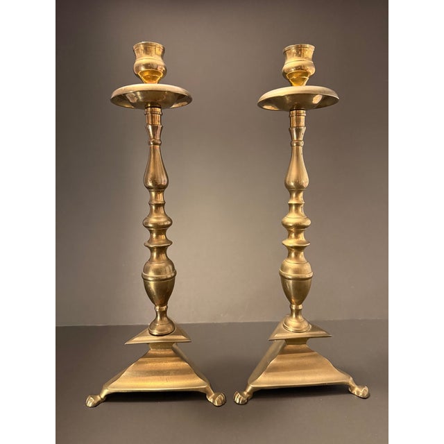 Pair of Brass Mid Century Candlesticks With Triangular Base For Sale - Image 4 of 7