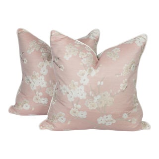 Blush Pink Chinoiserie Cherry Blossom Pillows, a Pair For Sale