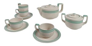 Italian Art Deco Tea Set attributed to Richard Ginori in White and Tiffany Green Majolica, 1930s, Set of 10