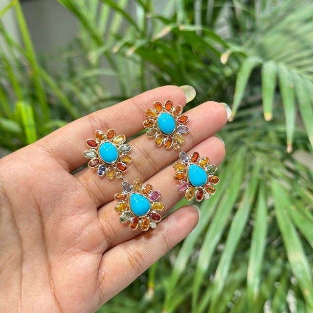21.07 Carats Turquoise Diamond Floral Drop Earrings With Rainbow Sapphires in 14k Gold- A Pair For Sale - Image 11 of 16