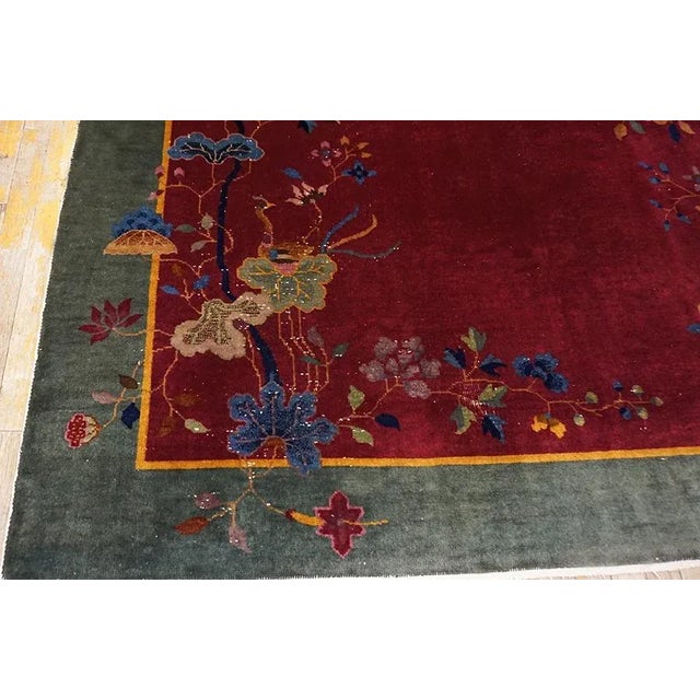 1920s Raspberry Red Floral Antique Chinese Art Deco Carpet 6' X 8'8'' Knotted Wool Rug For Sale - Image 4 of 13