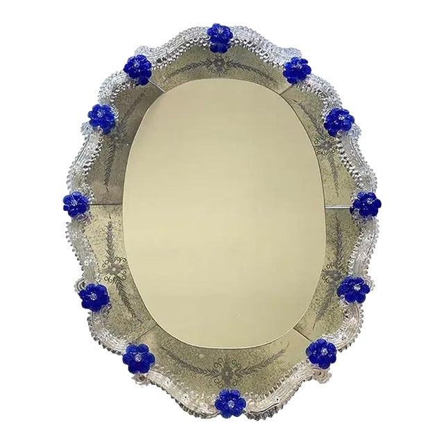 Hand-Carved Venetian Oval Mirror in Murano Glass Style, Early 21st Century For Sale