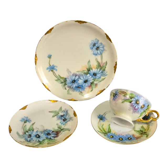 Vintage r.c. Versailles Bavaria Painted Gilded Blue Floral Aster Porcelain 4piece Tea Set For Sale - Image 9 of 9