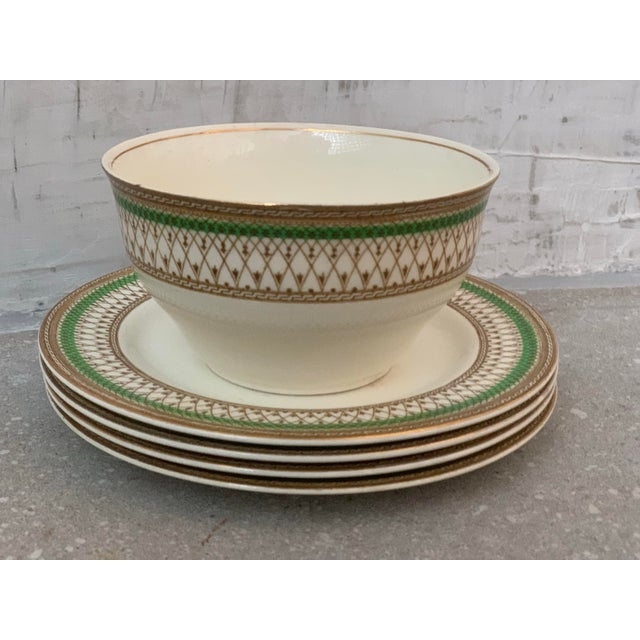Early 20th Century Early 20th Century Rare Antique English Bone China J & G Meakin Westminster Pattern, Intricate Green & Gold Band on a Cream Ground- Set of 7 For Sale - Image 5 of 12