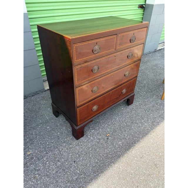 English Antique Mahogany Five Chest of Drawer Satinwood Inlay on Bracket Feet. For Sale - Image 9 of 9