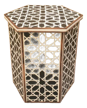 Contemporary Moroccan Resin and Walnut Wood Side Table / Black Zellige Pattern