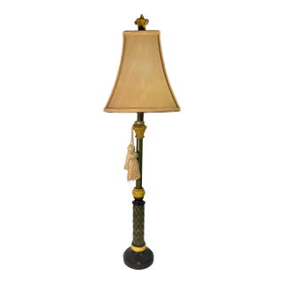 Vintage Maitland Smith Style Tall Regency Hand Painted Green and Yellow Table Lamp Shade Included For Sale
