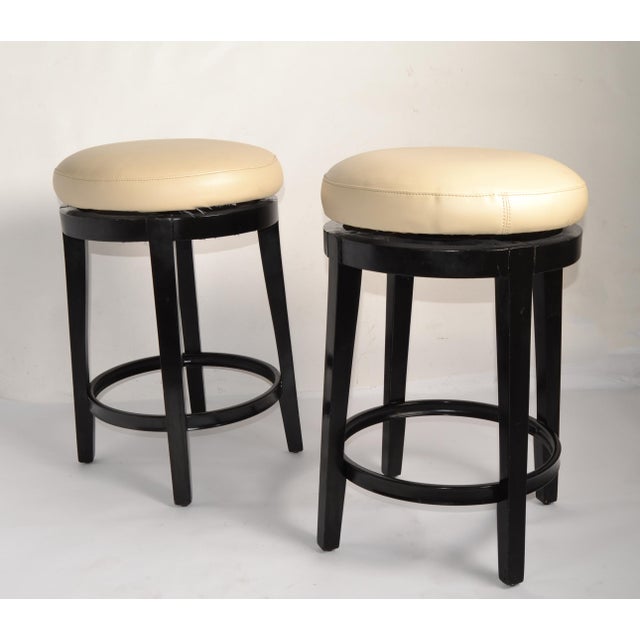 Pair, Vintage Swivel 24 Inch Kitchen Stools Black Wood Tan-Beige Faux Leather Seats For Sale - Image 16 of 16