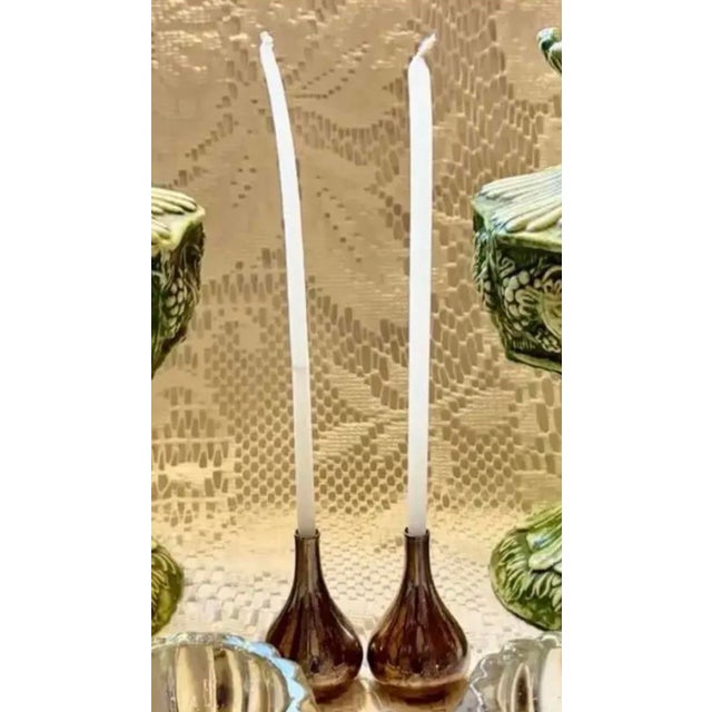Asparagus Vintage Candle Holders: 2 Large Majolica Stands, 2 Dansk Silverplated, 2 Jeanette, & 2 Mini Flower Vases With Vintage Marbles For Sale - Image 8 of 9