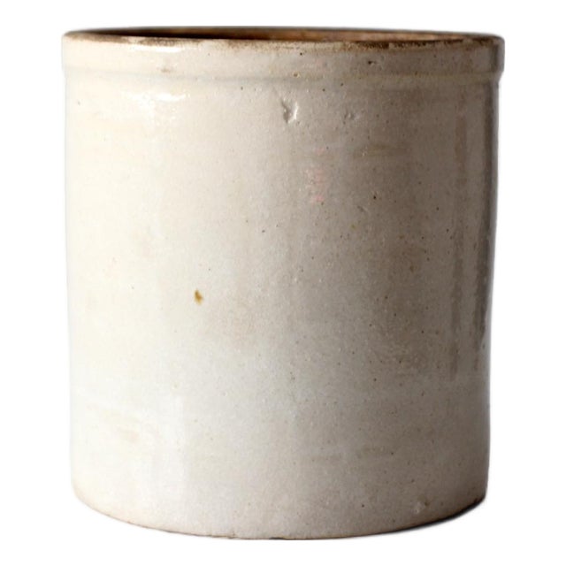 Antique White Salt Glaze Stoneware Crock With Brown Interior For Sale