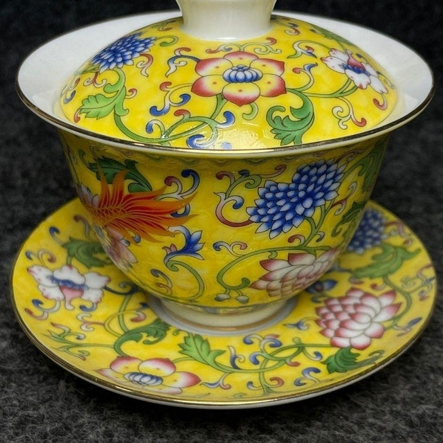 Chinese Vintage Chinese Yellow Ground Famille Rose Gaiwan Tea Set With Dragon Motif For Sale - Image 3 of 9