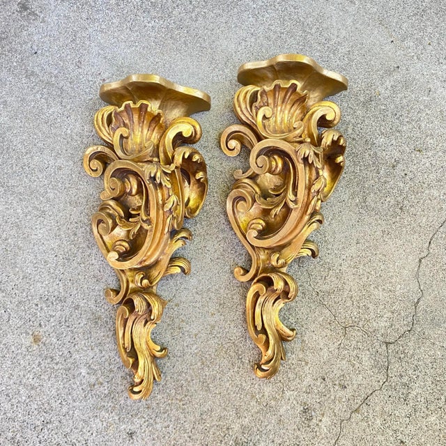 Large 25 inch hand carved 19th century gold giltwood Florentine wall brackets/shelves.