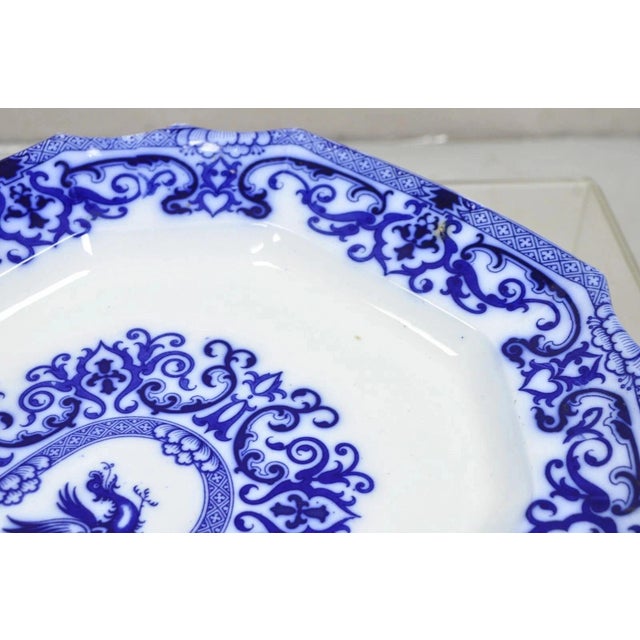 Antique Flow Blue and White Transferware Ironstone Platter Dish W Chinese Dragon For Sale - Image 11 of 12