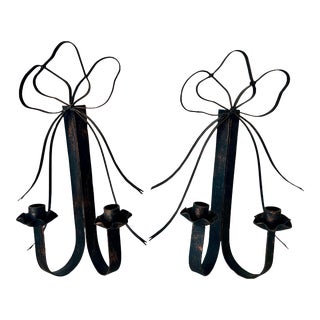 Vintage Double Arm Iron Bow Motif Candle Sconces- a Pair For Sale