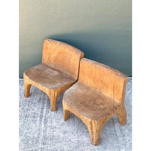 Vintage Carved Wood Low Stools - Pair For Sale - Image 10 of 12