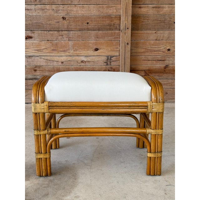 Vintage Coastal Rattan Ottoman With Custom Sunbrella Cushion For Sale - Image 9 of 10