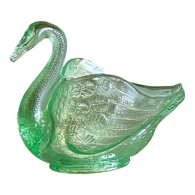 Vintage Fenton Art Green Glass Swan Candy Dish Bowl For Sale