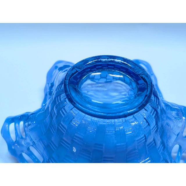 Fenton Art Glass Company 1930s Fenton Art Glass Basket Weave With Open Edge Blue Opalescent Double Crimped Bowl For Sale - Image 4 of 8