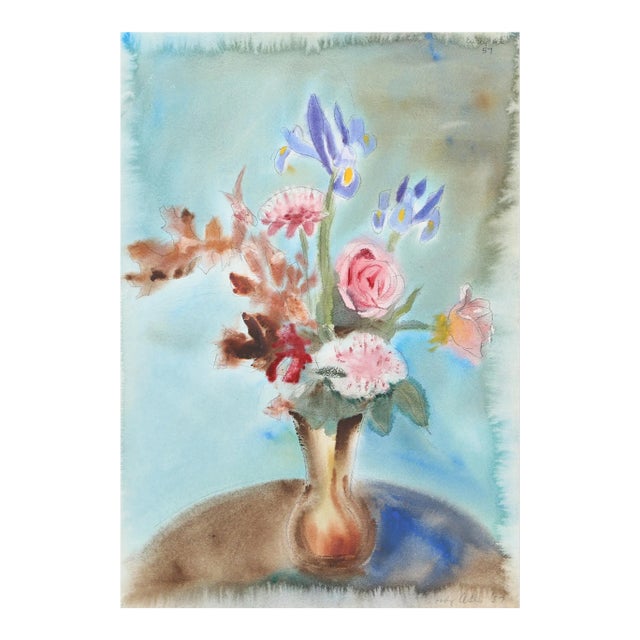 1950s "Roses and Irises in Vase P1.22" Watercolor Painting by Eve Nethercott For Sale