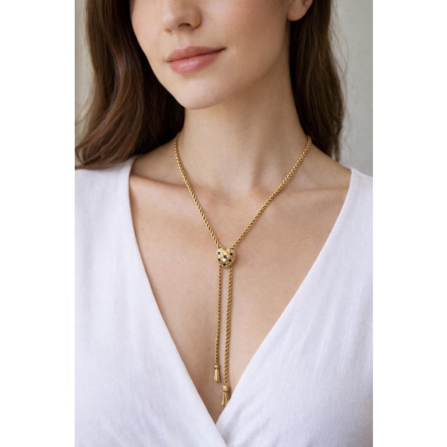 14k Sliding Heart Adjustable Rope Necklace 30" with 6 round emeralds. 38.81 grams