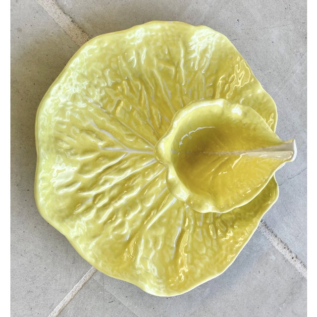 Mid/Late MidCentury MajolicaInspired Lettuce Ware Crudité Platter & Attached Bowl Attributed