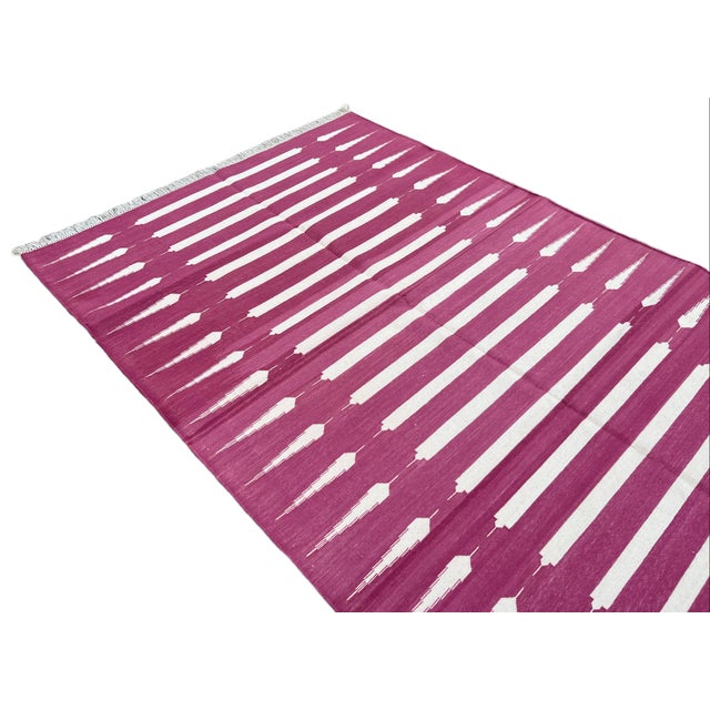 Textile Not Yet Made - Made To Order Handmade Cotton Rug Vegetable Dyed Raspberry Pink & White Striped Dhurrie - 5'x7' For Sale - Image 7 of 11