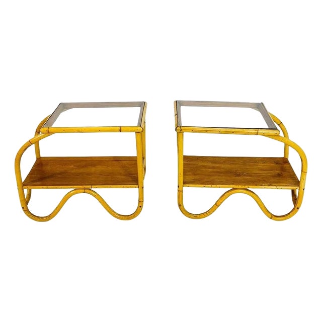 1950s Bamboo and Glass Side Tables - Set of 2 For Sale