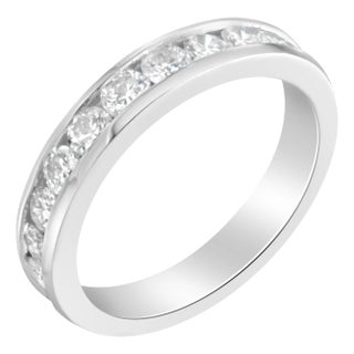 IGI Certified 1.0 Cttw Diamond 18K White Gold Channel-Set Half-Eternity Band Wedding Ring (E-F Color, I1-I2 Clarity) - Size 6-1/2 For Sale