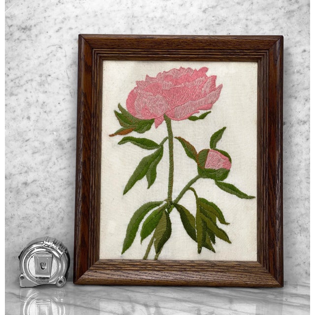 A Mid-Century Crewel Embroidery Pink Flower Art Wall Hanging, c.1960. This Embroidered Wall Art would look exceptional...
