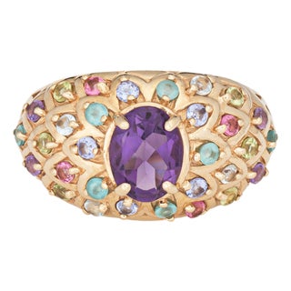 Mid 20th Century Vintage Peacock Ring Sz 7.5 Band Rainbow Gemstones 14k Yellow Gold Jewelry For Sale