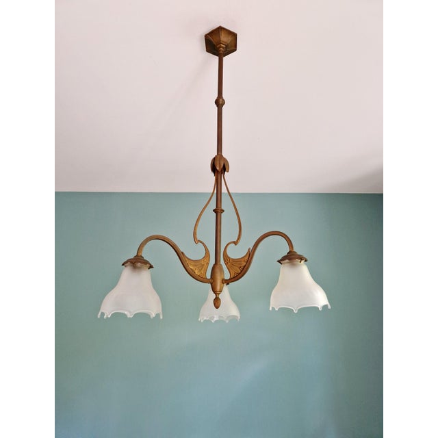 Antique Art Nouveau Chandelier in Brass and Scalloped Frosted Glass, 1890s For Sale - Image 13 of 16