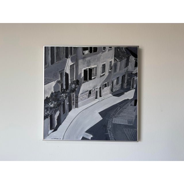 Contemporary 1985 N. Cianfrani Monochrome European Cityscape Oil on Canvas Painting, Framed For Sale - Image 3 of 11