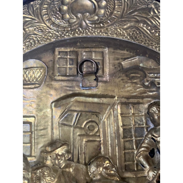 Vintage English Embossed Brass Plate - Colonial Family Scene For Sale - Image 10 of 10