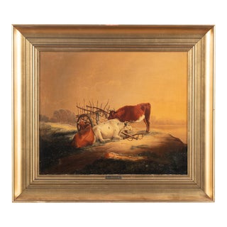Original Oil on Canvas Landscape Painting of Cows and Cart, Circa 1870-90 For Sale